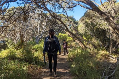 man and boy walking the trail