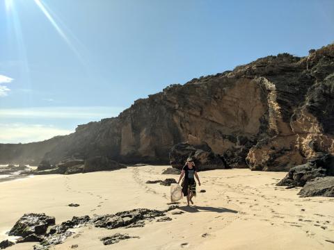 picking up beach trash