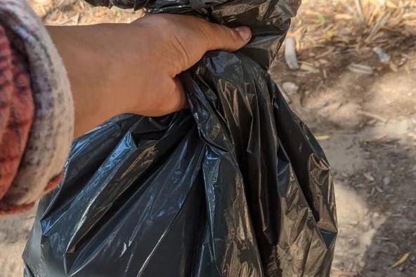 boy hand holding trash bag