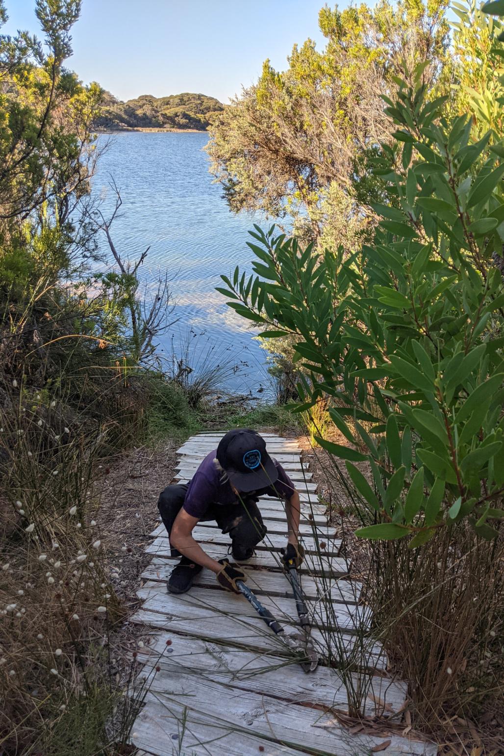 boy trimming path going down to the shore of the lake